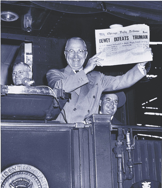 Photo: Truman holds a newspaper with the headline Dewey defeats Truman.