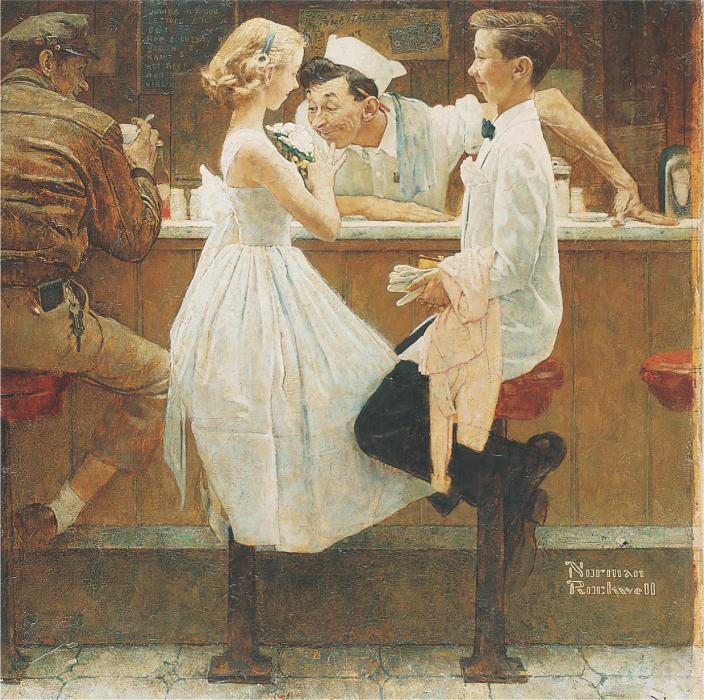 Painting: a young couple sitting on stools in a cafe