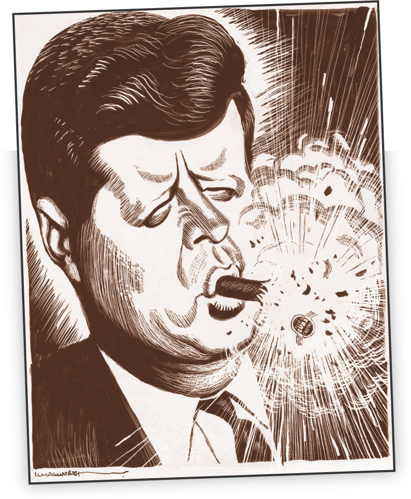 Cartoon: Kennedy smokes a Cuban cigar that explodes.