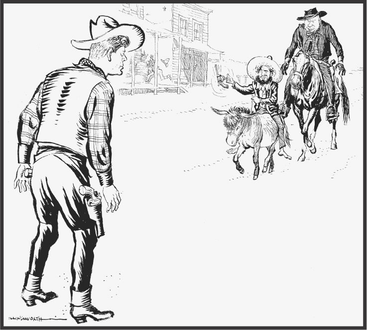 Cartoon: John Kennedy, dressed like a gunfighter, faces Castro, who rides a little donkey, with Khruschev riding behind him on a horse. Kennedy wears a white cowboy hat, while Khruschev's is black.