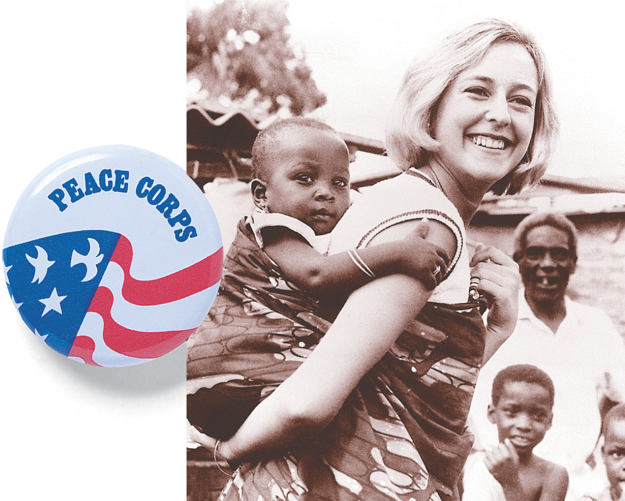 Beside an image of a red, white and blue button labled Peace Corps, a photo shows a smiling youg woman carries a young child on her back.