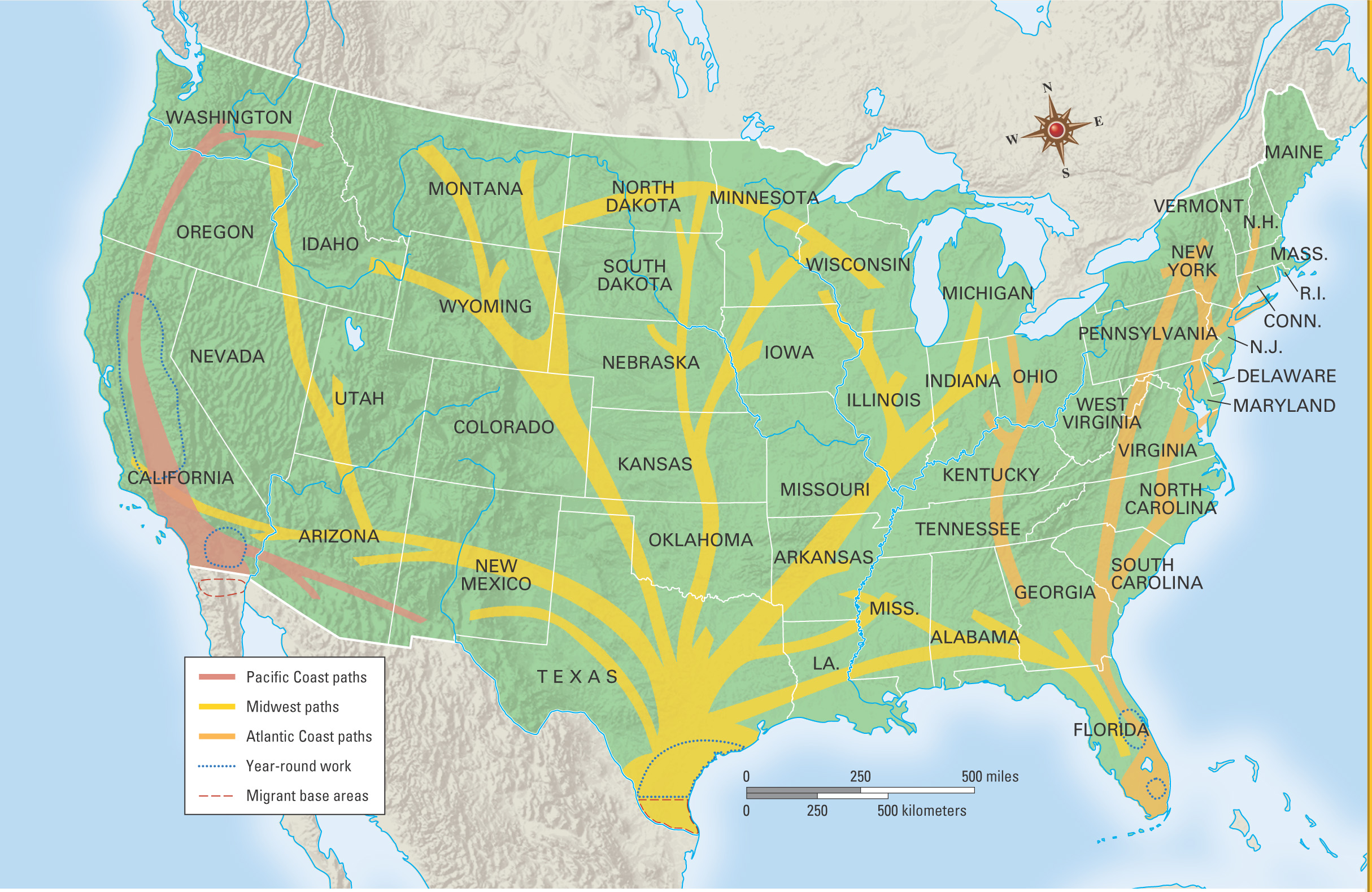 A map shows paths of migrant workers in the U.S.