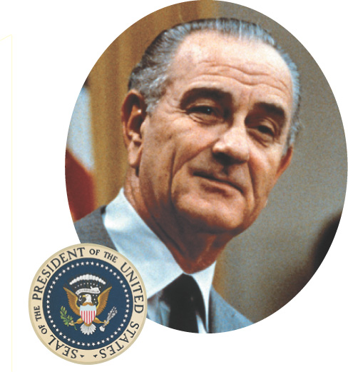 A photo of Lyndon B. Johnson is adorned with the presidential seal of the U.S.