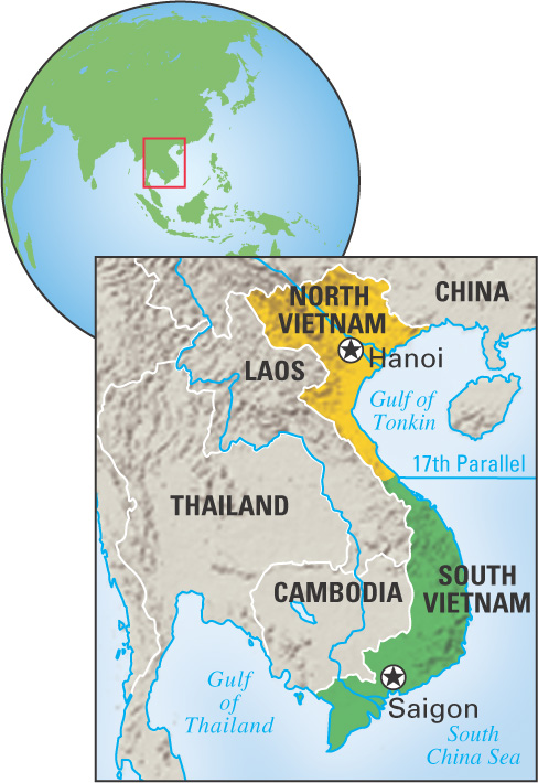 Map: the nations of southeast Asia: Thailand, Cambodia, Laos and China surround North Vietnam with its capital Hanoi, and South Vietnam with its capital Saigon.