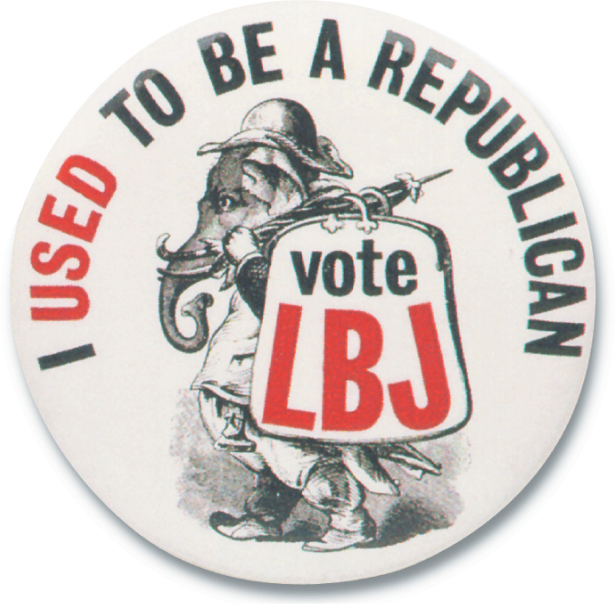 A campaign button: the words I Used to be a Republican above an image of an elephant carrying a suitcase labled Vote LBJ.