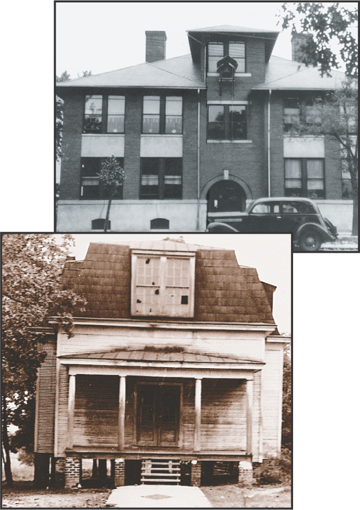 photos: top photo shows a large brick building. The bottom photo shows a rundown wooden building with broken windows.