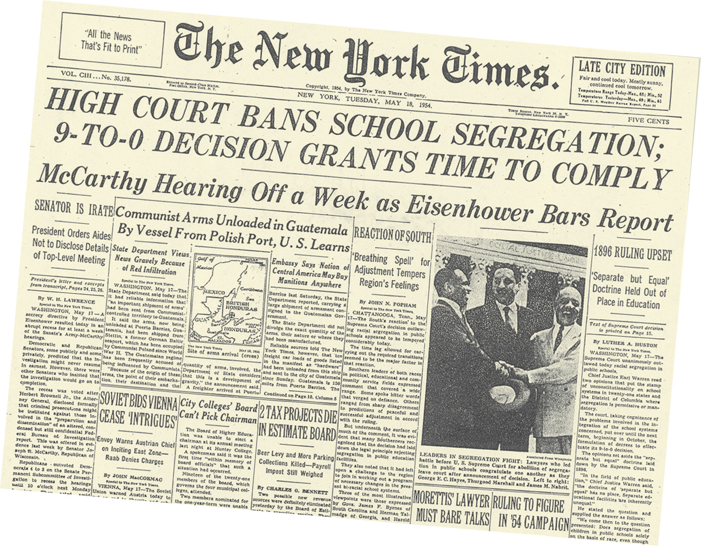 The front page headline of the New York Times: High Court Bans School Segregation.