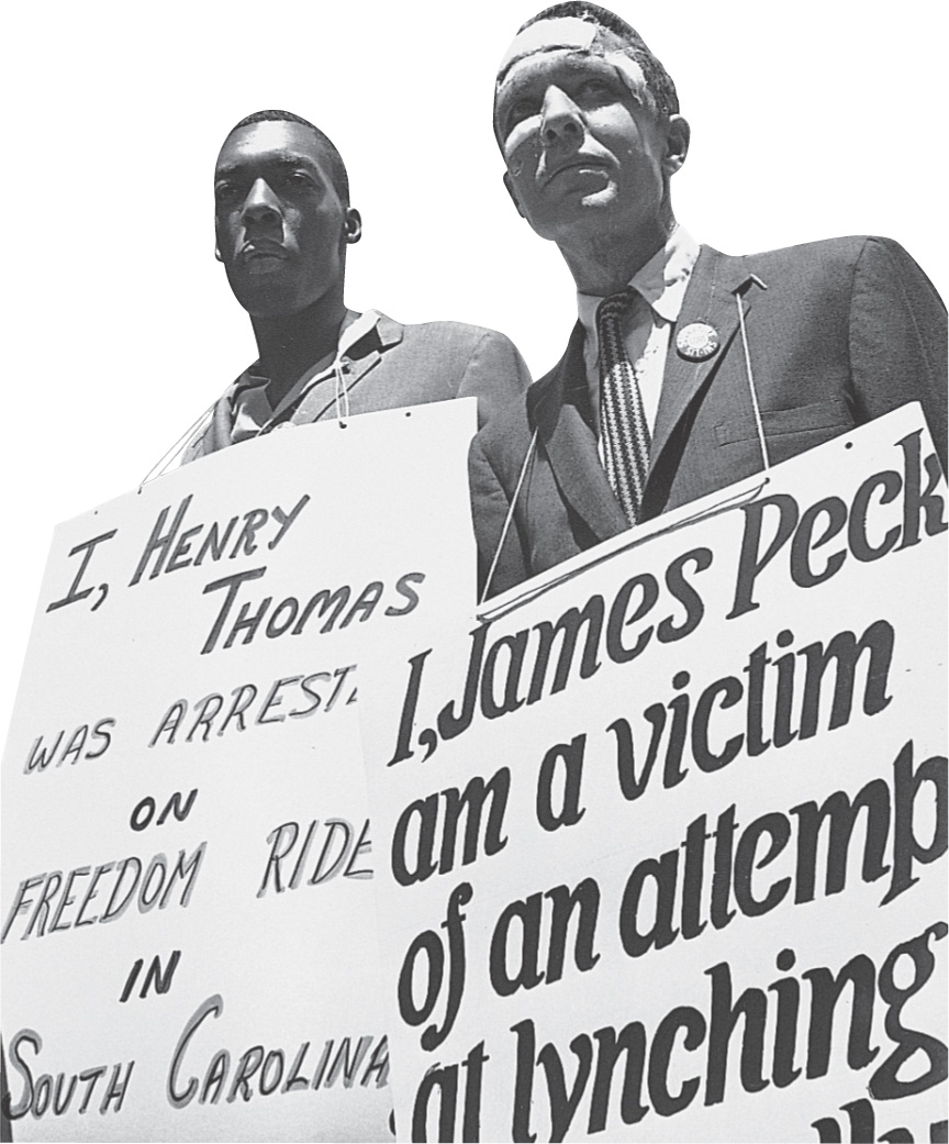 photo: with a bandage on his head, James Peck wears a sign: I am a victim of an attempt at lynching.