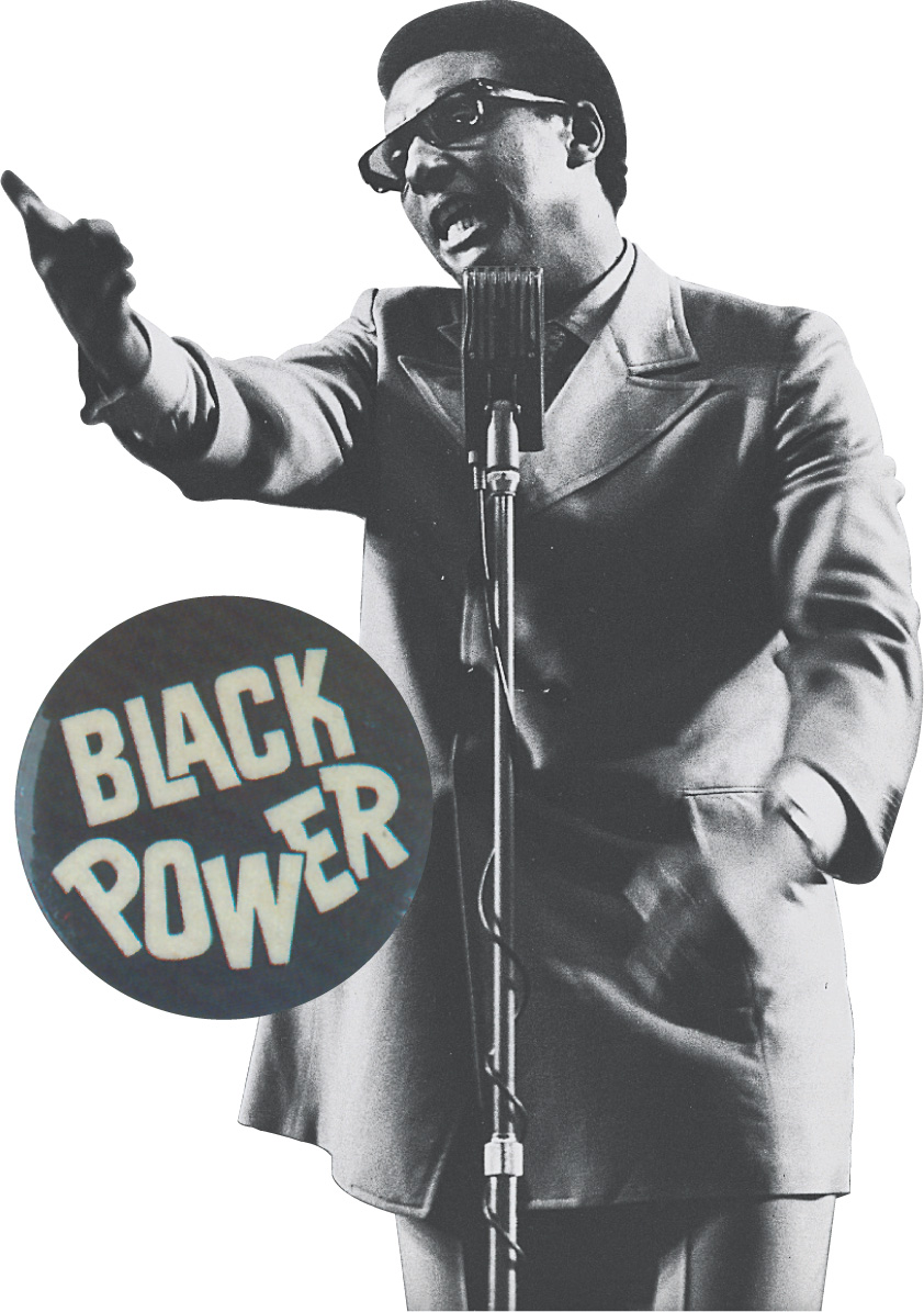 photo: Stokely Carmichael speaks into a microphone. beside the words Black Power.