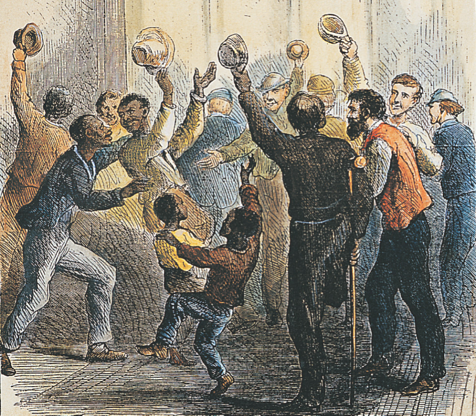 Engraving: African-Americans and whites raise their hats and dance in celebration.