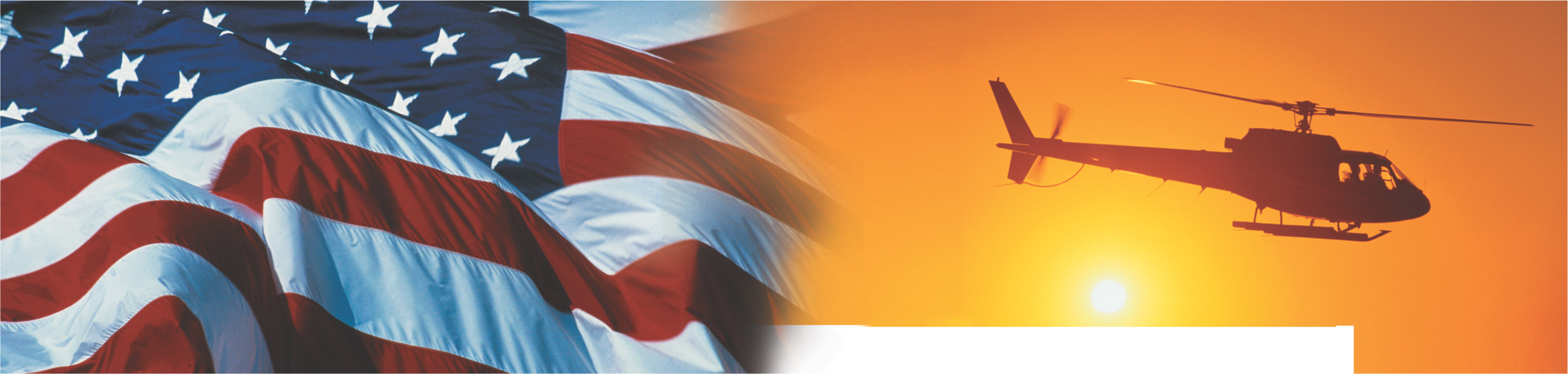 Banner: an American flag billows beside a photo of a helicopter silhouetted in an orange sky.