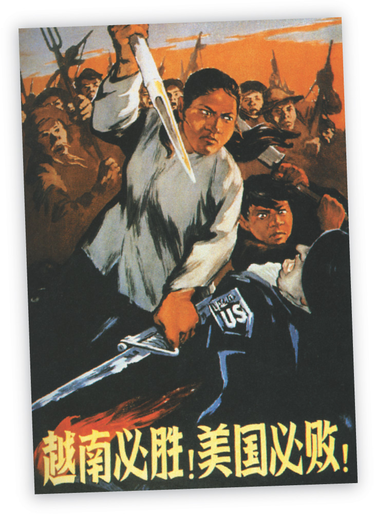 poster: Vietnames villagers attack a U.S. soldier with pitchforks and spears.