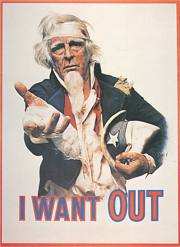 poster: a man with a white beard dressed as Uncle Sam wears bandages. Words appear: I want out.
