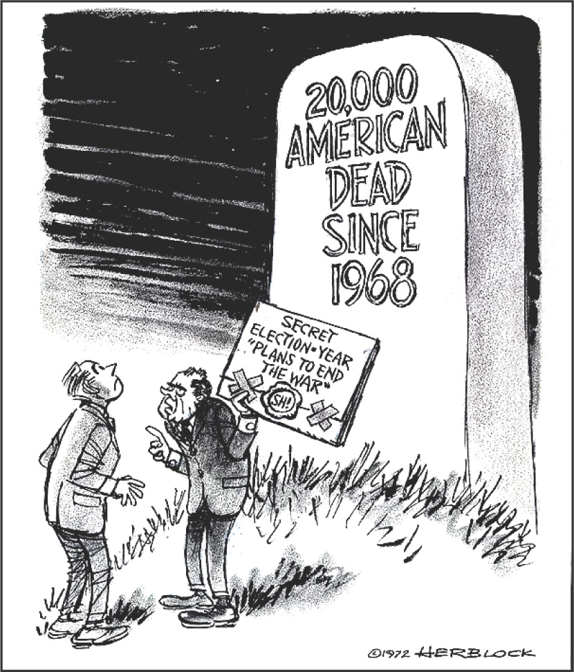Cartoon: by a gravestone marked 20,000 American Dead Since 1968, Nixon holds a folder reading Secret Election-Year Plans to End the War.