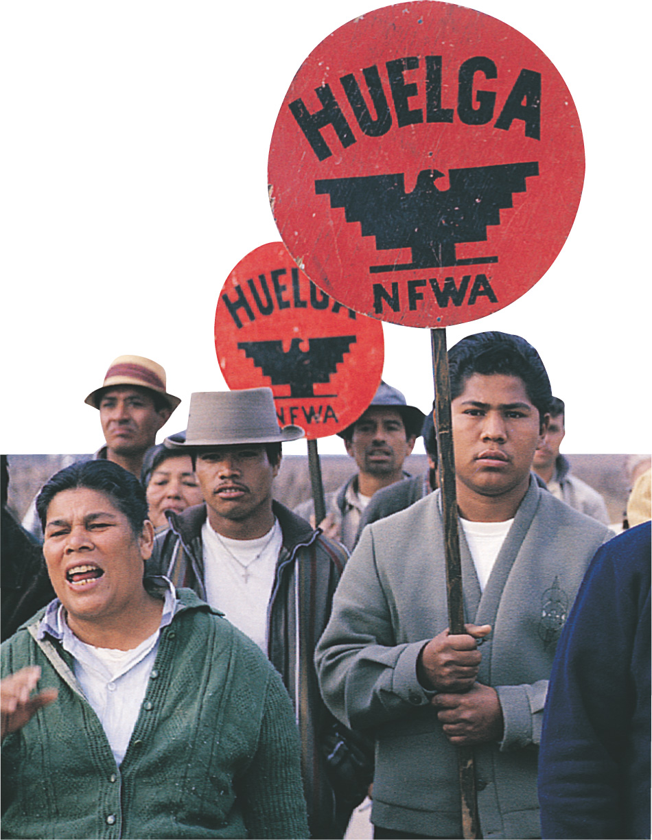 photo: protesters carry picket signs reading HUELGA NFWA.