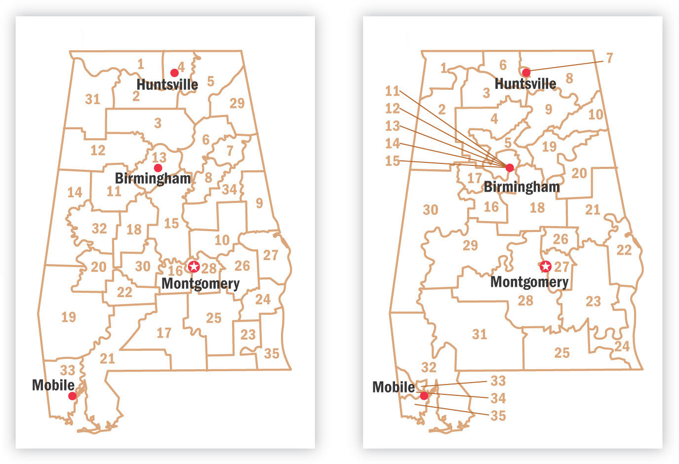 Maps: two maps show Alabama divided into many different districts. The map on the right has many tiny districts in and around cities.