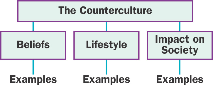 a diagram shows three categories below the words The Counterculture: Beliefs, Lifestyle and Impact on Society. Below each of the categories is a space for Examples.