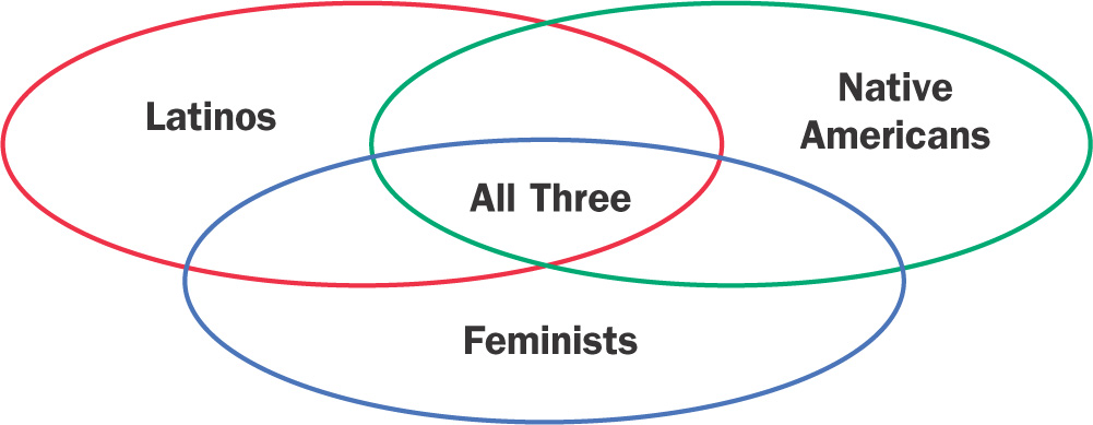 A diagram shows three intersecting ovals: Latinos, Feminists and Native Americans. The space where they all overlap is titled All Three.