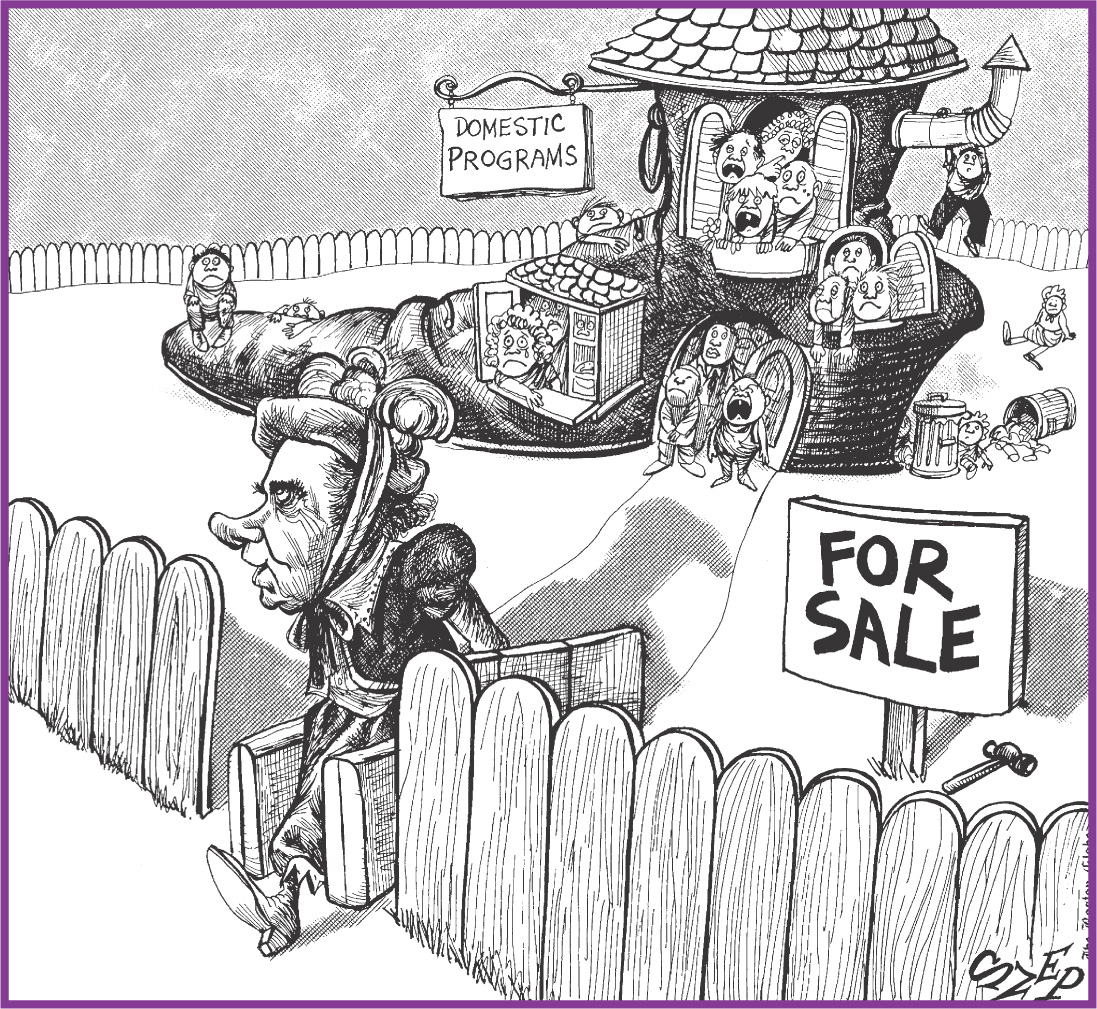 cartoon: a house filled with crying children is shaped like a shoe. It's labled Domestic Programs. Nixon is shown leaving, carrying suitcases.