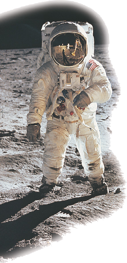 photo: An astronaut in a space suit stands on the moon.