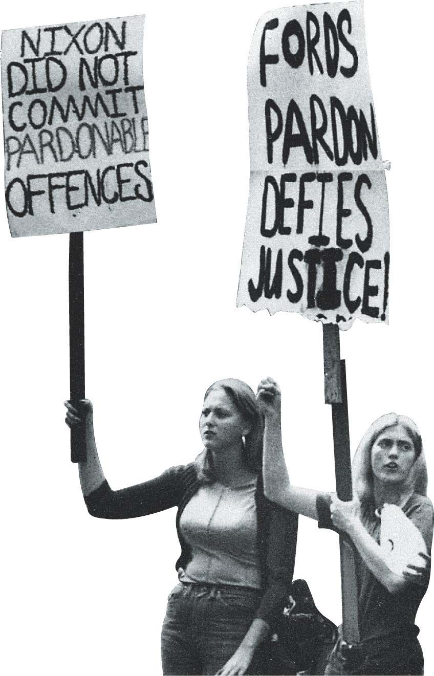 photo: women hold signs that read 'Nixon did not commit pardonable offenses' and 'Ford's pardon defies Justice.'