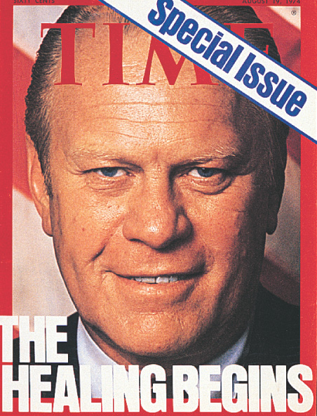 a Time magazine cover shows Ford and the headline 'The Healing Begins.'