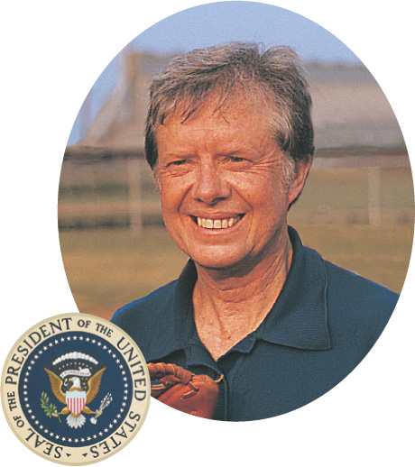 The presidential seal of the U.S. adorns a photo of Jimmy Carter.