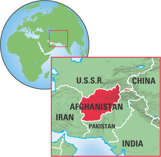 a map of southwest Asia highlights Afghanistan, surrounded by the USSR, Pakistan and Iran.