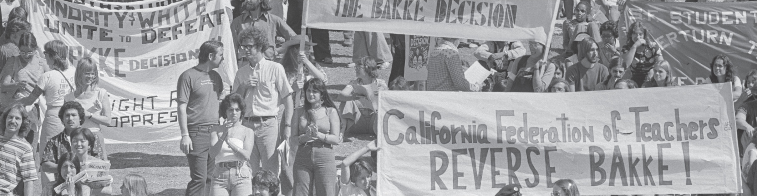 photo: protesters carry a sign that reads California federation of Teachers Reverse Bakke!
