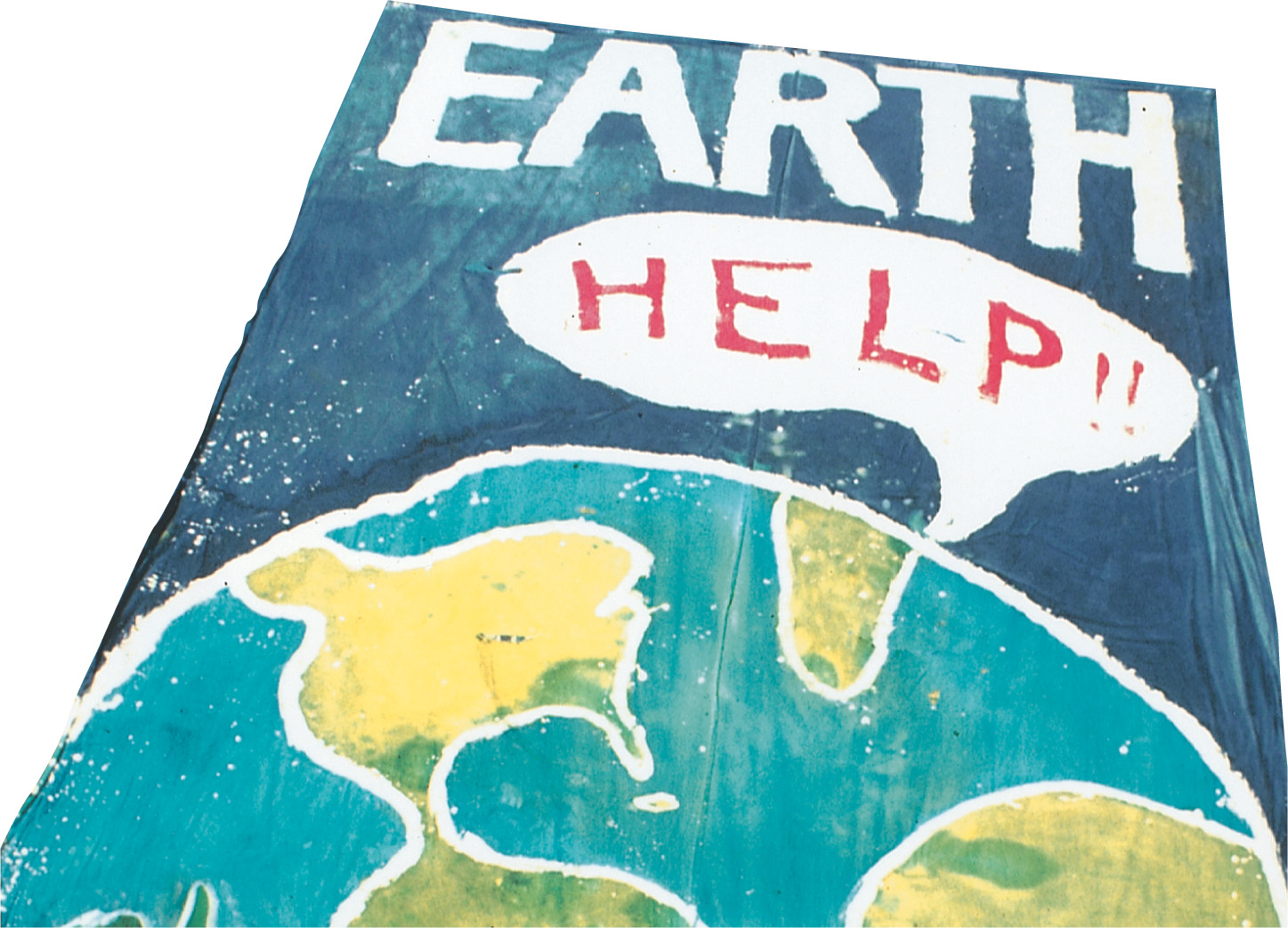 A flag shows the planet earth yelling 'Help!'