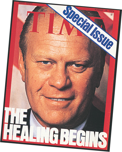 A Time magazine cover shows Gerald Ford and the headline 'The Healing Begins.'