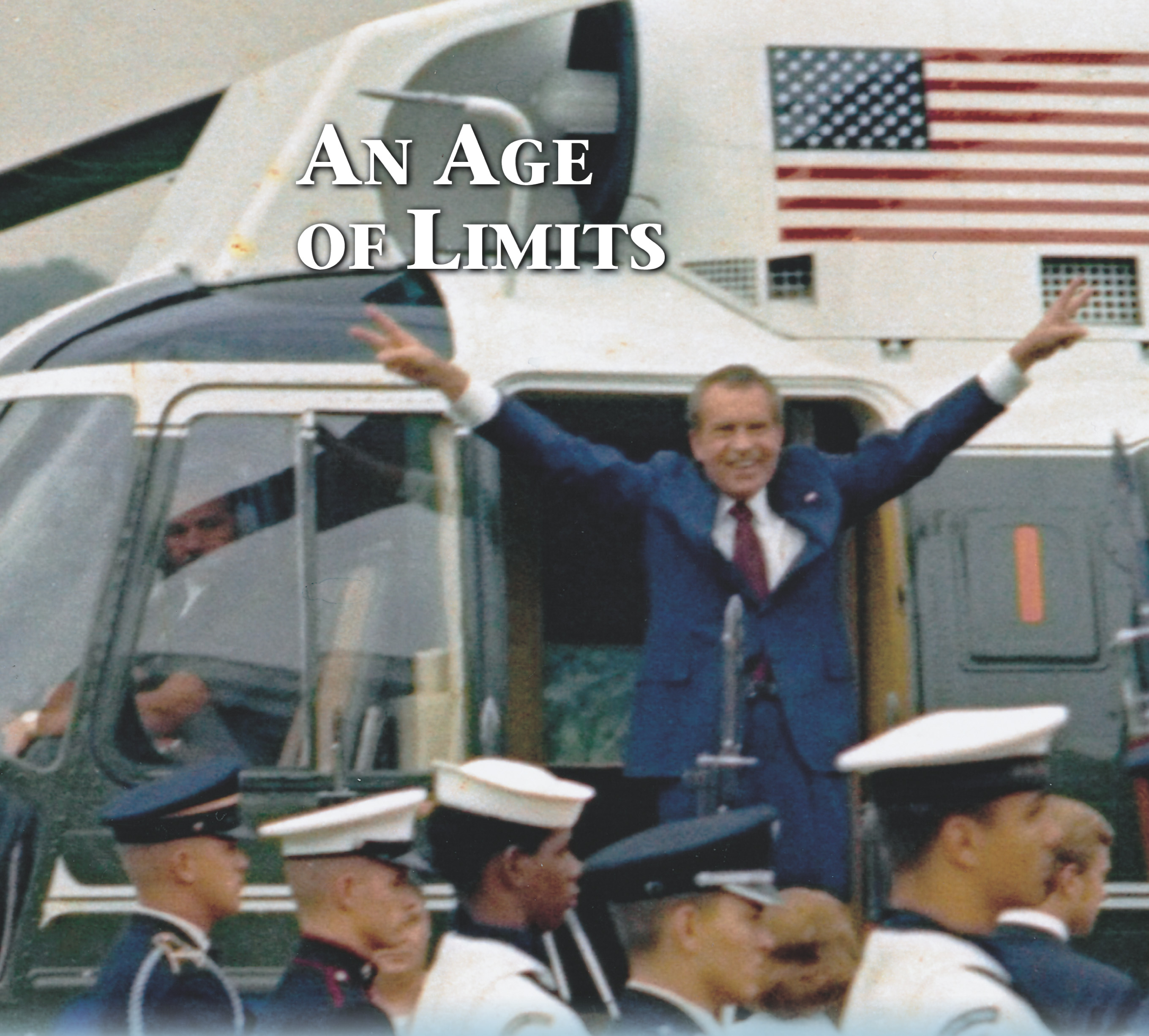 photo: Richard Nixon stands in the doorway of a helicopter. His arms spread wide, his fingers form V-for-Victory signs.