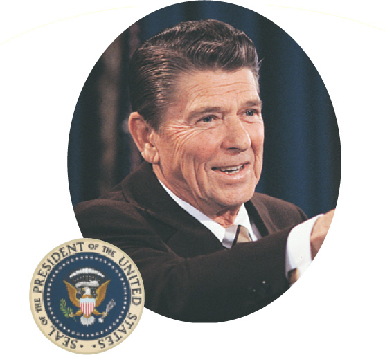 The presidential seal of the U.S. adorns a photo of Ronald Reagan.
