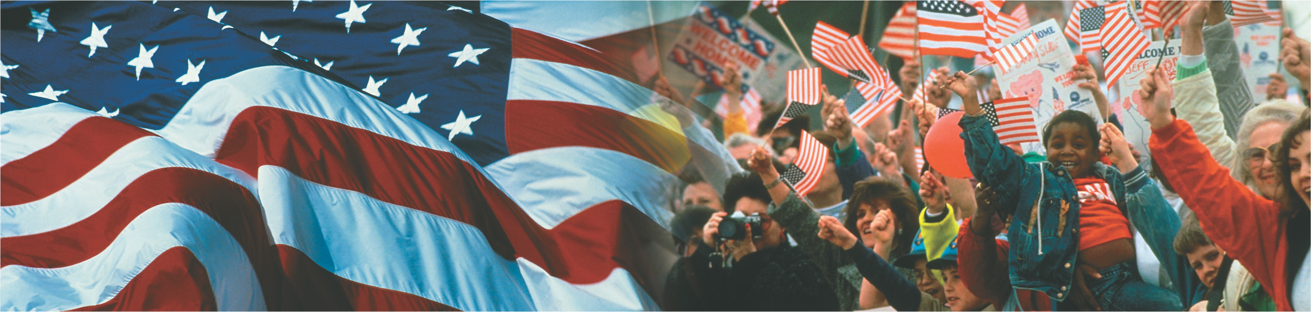 Banner: an American flag billows beside a photo of people holding signs and waving tiny flags.
