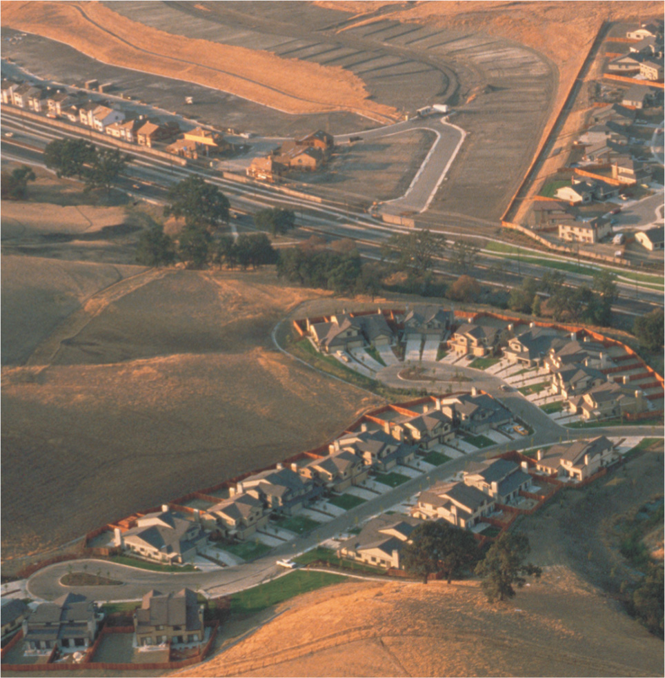 An aerial photo: houses line suburban streets and cul-de-sacs.
