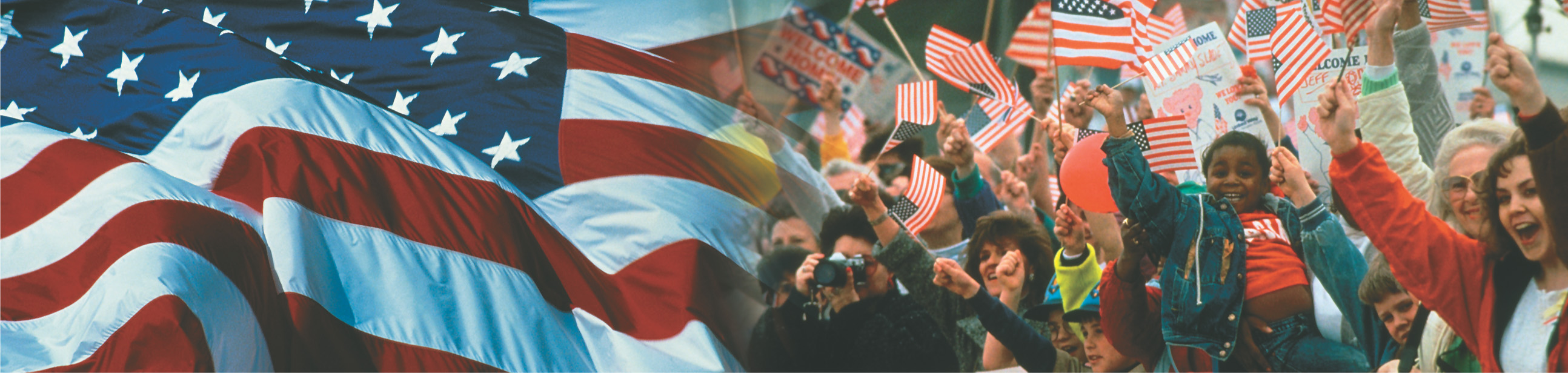 Banner: an American flag billows beside a photo of people holding signs and waving tiny flags.