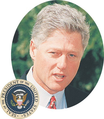The presidential seal of the U.S. adorns a photo of Bill Clinton.