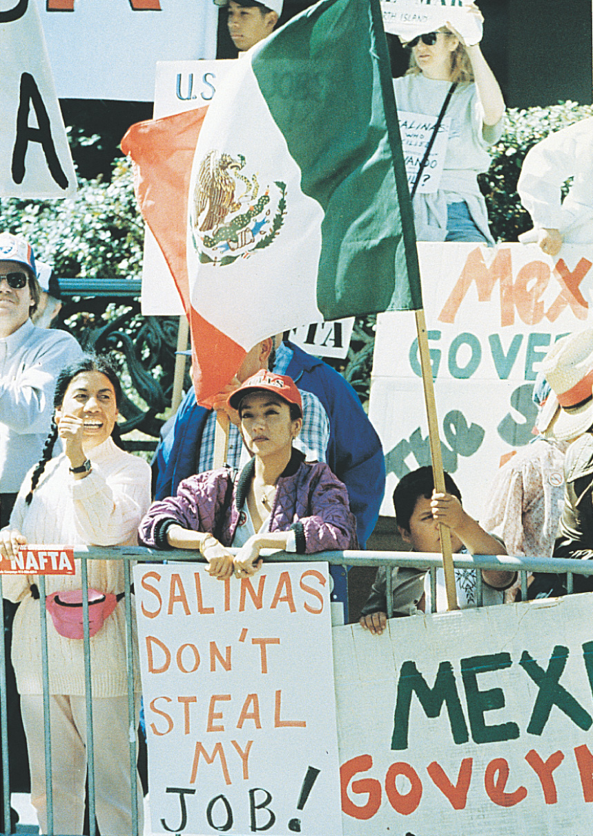 photo: protestors wave a Mexican flag and hold signs. One sign reads 'Salinas don't steal my job.'