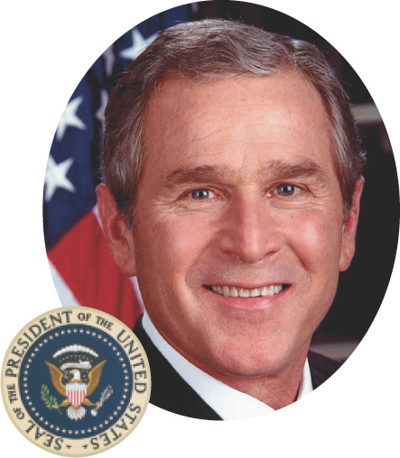 The U.S. presidential seal adorns a photo of George W. Bush.