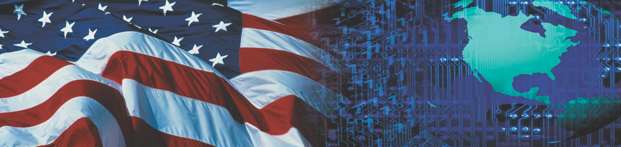 Banner: an American flag billows next to images of computer circuitry and the earth.