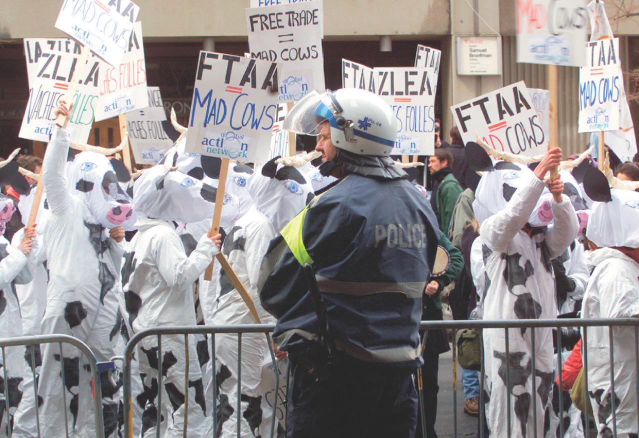 photo: protesters dressed as cows hold signs that read 'FTAA Mad Cows.'