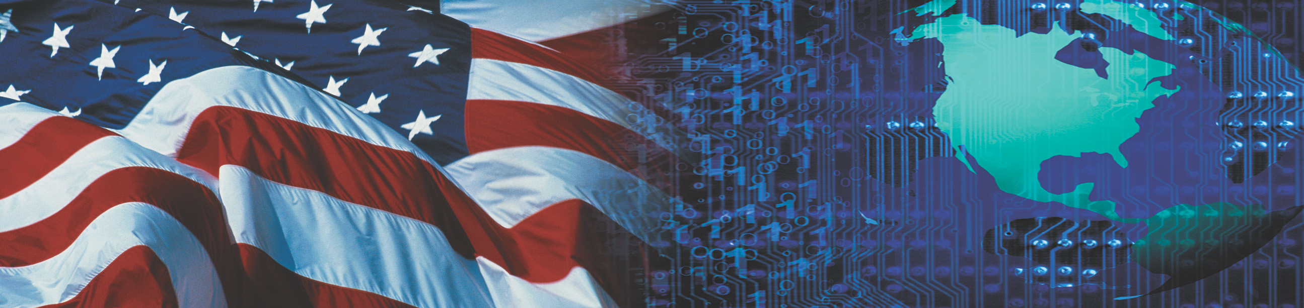 Banner: an American flag billows next to images of computer circuitry and the earth.