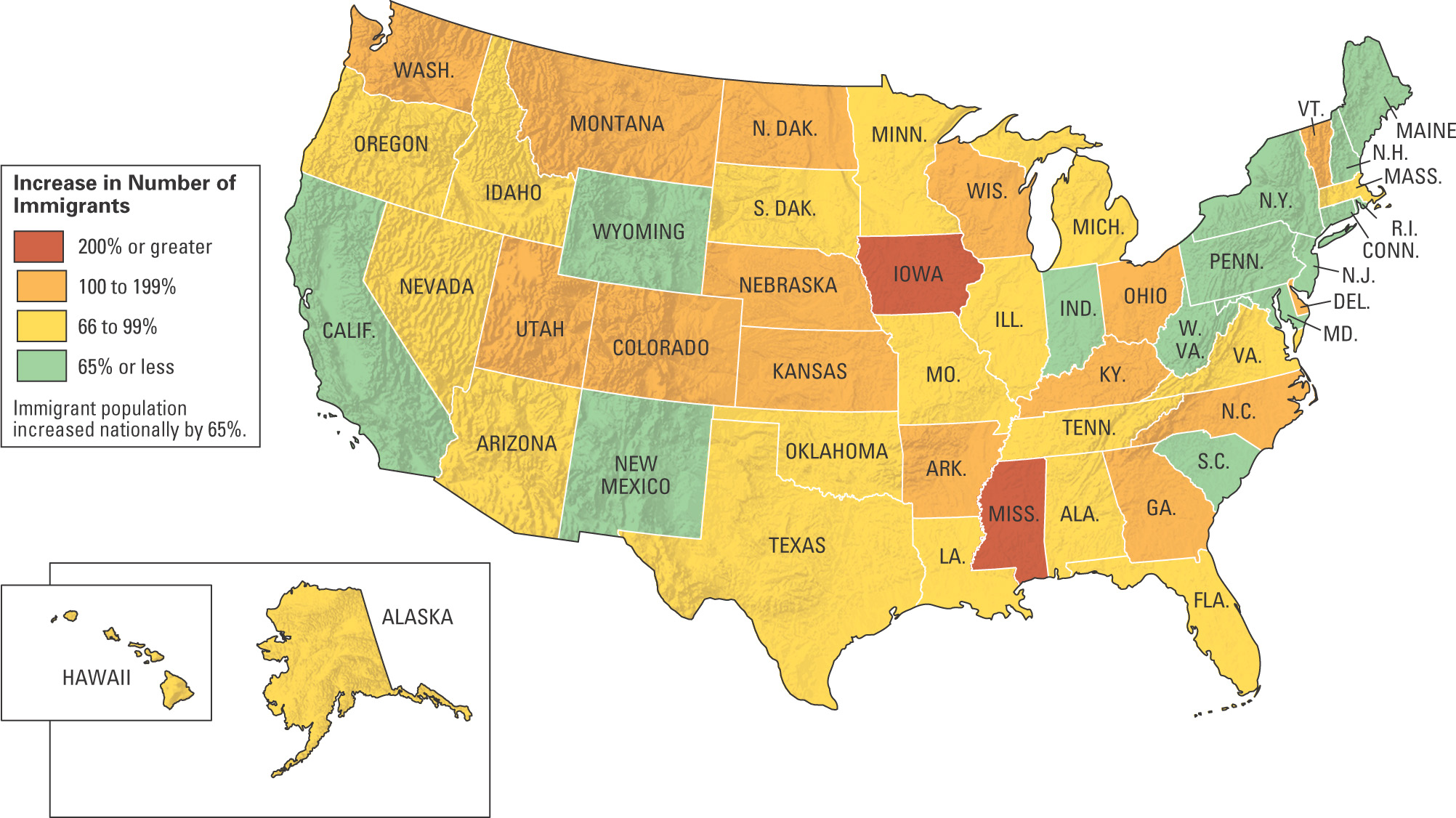 A map shows increases in U.S. immigration.