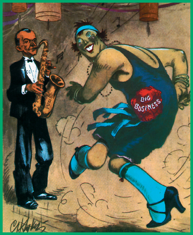 A cartoon shows a woman labled Big Business smiling and dancing as Calvin Coolidge plays a saxophone.