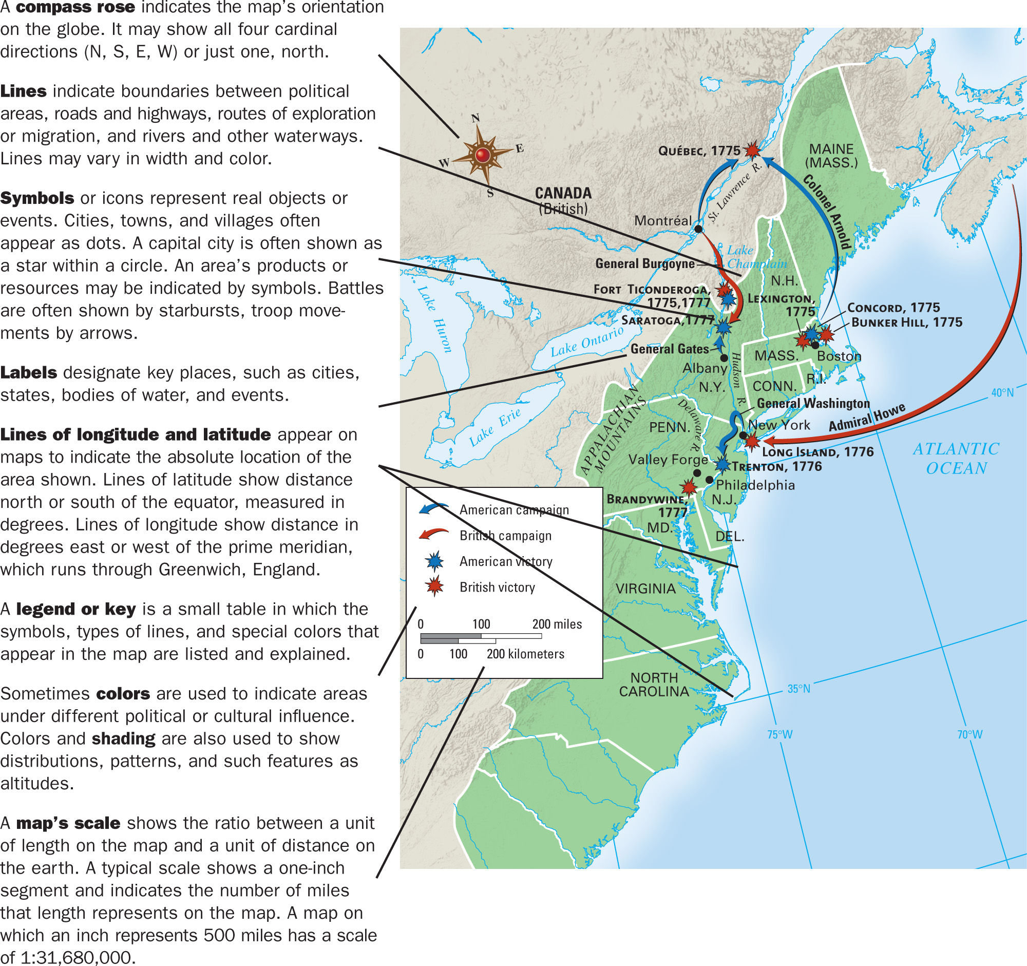 a map shows battles and campaigns of the Revolutionary War.