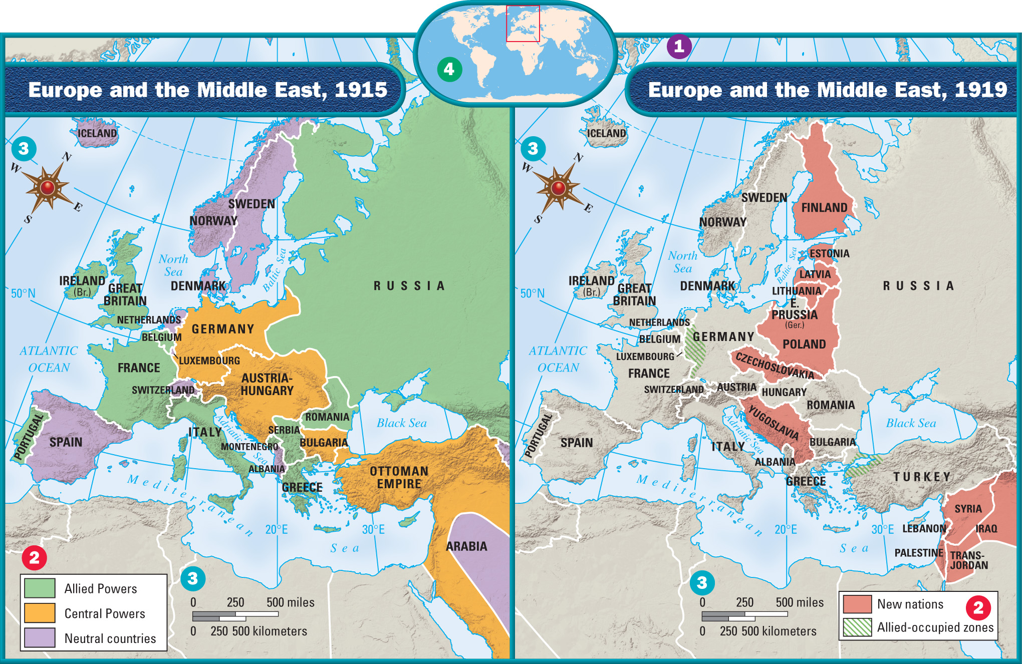 Two maps show Europe and the Middle East in 1915 and in 1918.