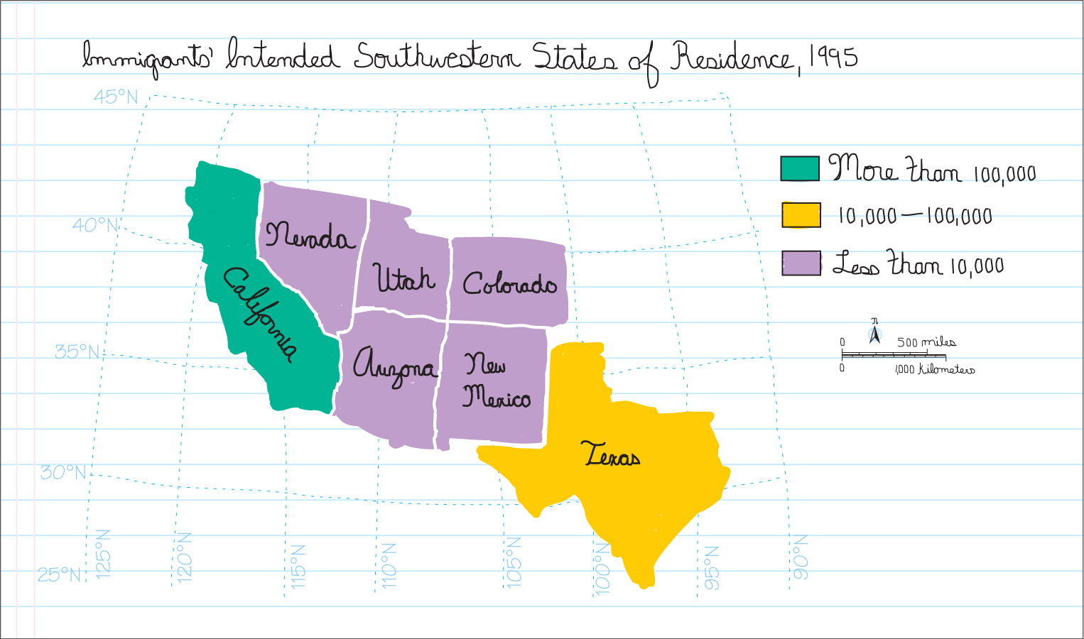 A hand-drawn map: Immigrants Intended Southwestern States of Residence, 1995.