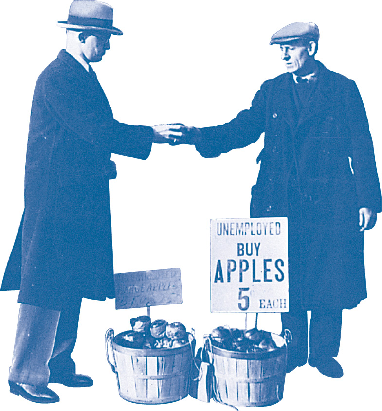 photo: an unemployed man sells apples for 5 cents each.