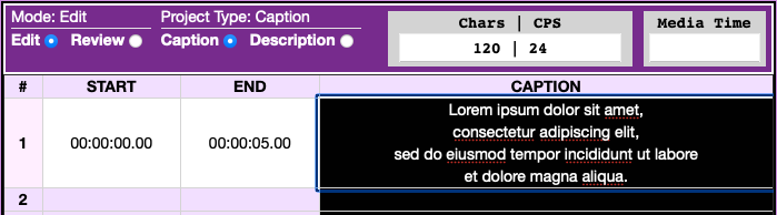 caption metrics area showing with characters per second, no error condition