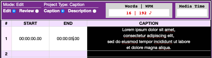 caption metrics area showing with words per minute, and an error condition